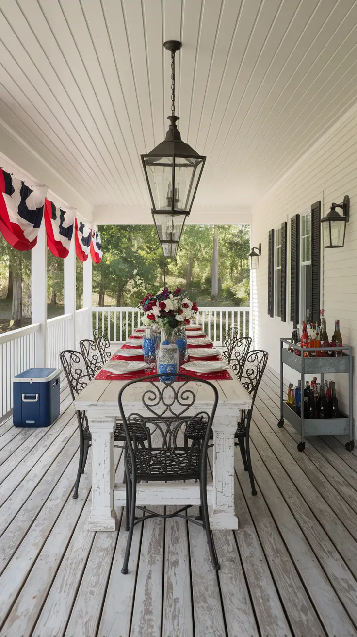 Rustic Outdoor Patio Decorated for the 4th of July: Farmhouse Charm Meets Patriotic Style