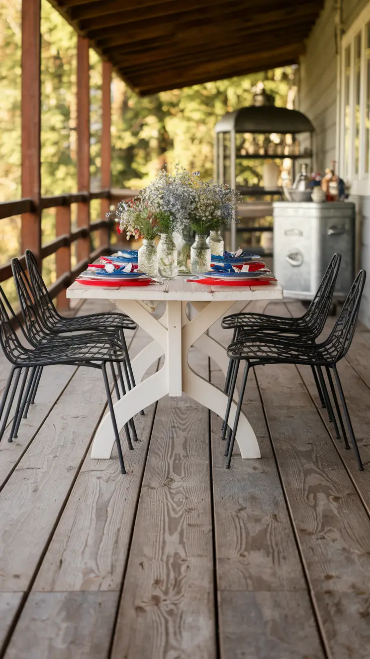 Rustic Outdoor Patio Decorated for the 4th of July: Farmhouse Charm Meets Patriotic Style