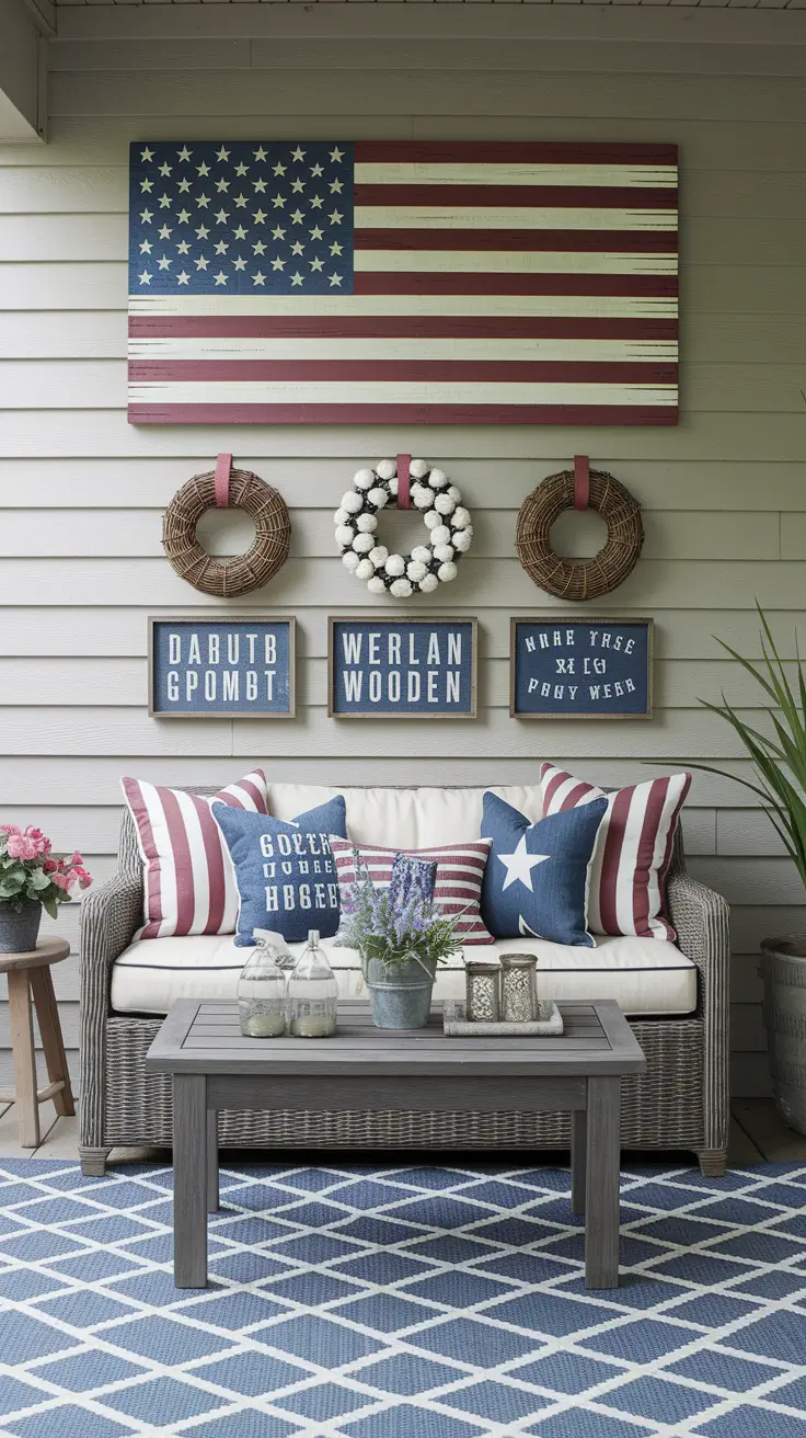 Rustic Outdoor Patio Decorated for the 4th of July: Farmhouse Charm Meets Patriotic Style