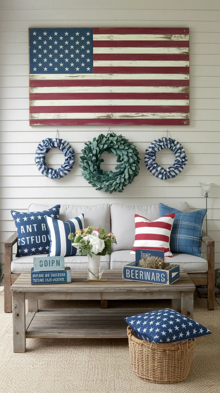 Rustic Outdoor Patio Decorated for the 4th of July: Farmhouse Charm Meets Patriotic Style
