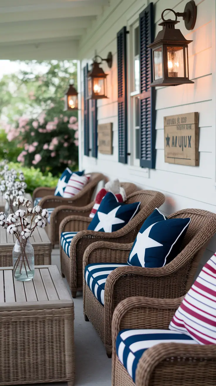 Rustic Outdoor Patio Decorated for the 4th of July: Farmhouse Charm Meets Patriotic Style