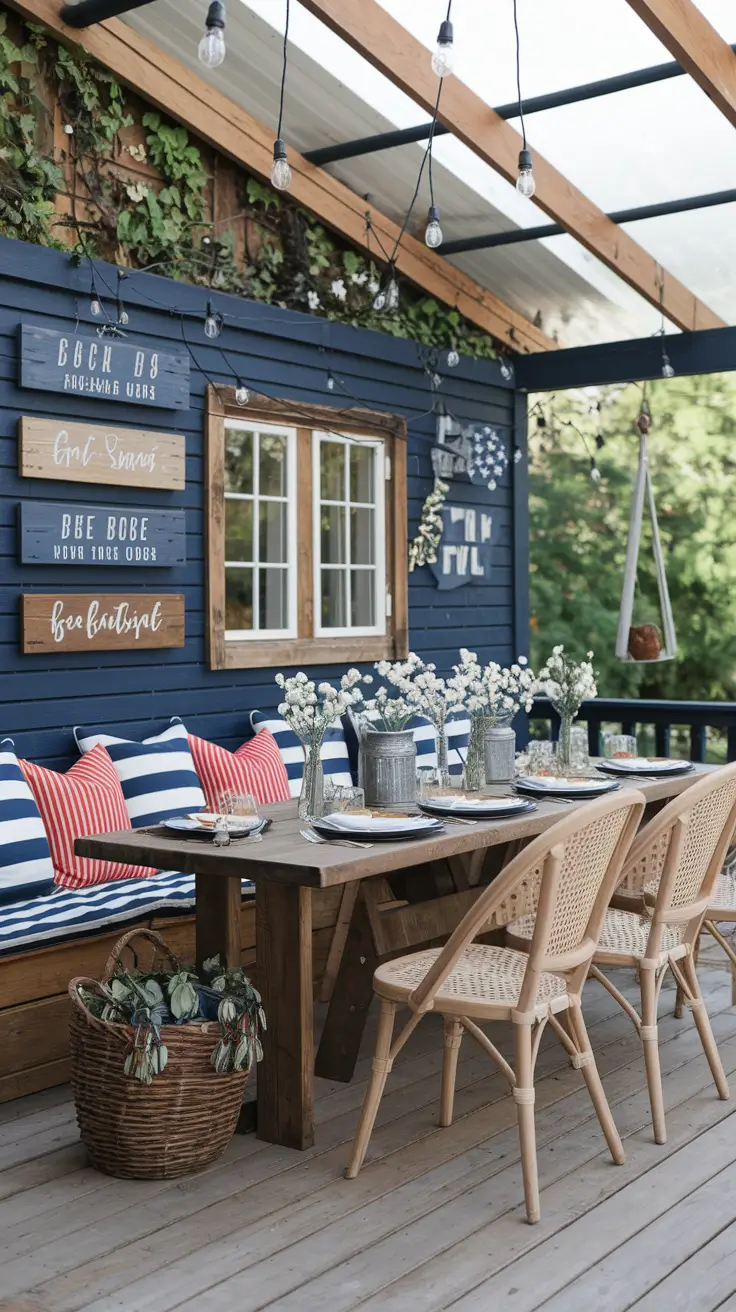 Rustic Outdoor Patio Decorated for the 4th of July: Farmhouse Charm Meets Patriotic Style