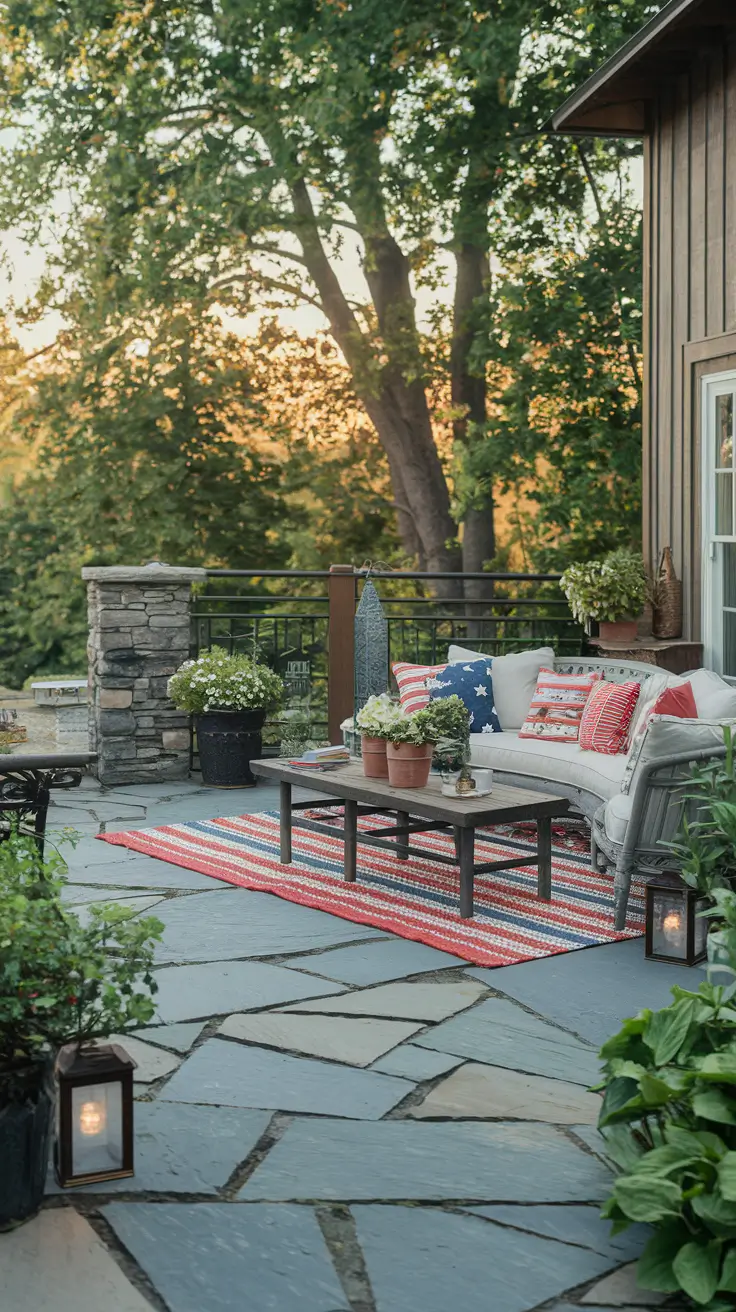 Rustic Outdoor Patio Decorated for the 4th of July: Farmhouse Charm Meets Patriotic Style