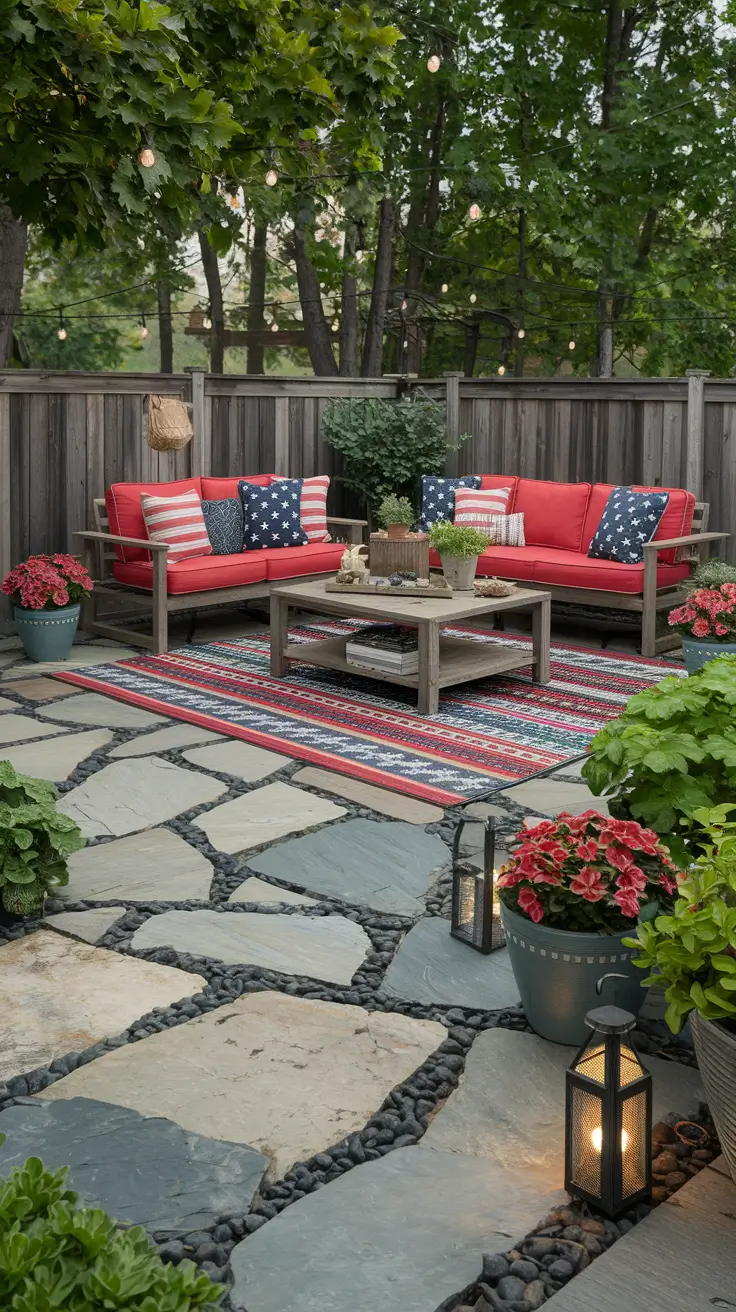 Rustic Outdoor Patio Decorated for the 4th of July: Farmhouse Charm Meets Patriotic Style