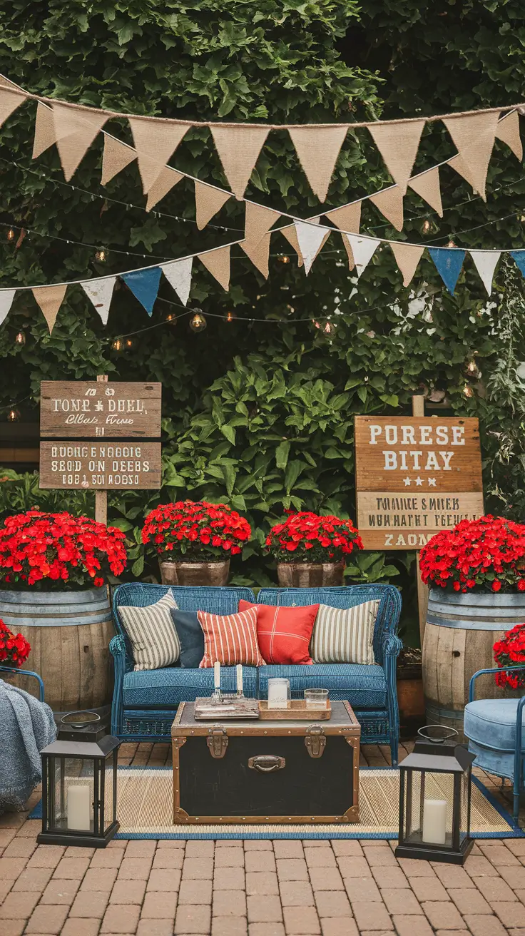 Rustic Outdoor Patio Decorated for the 4th of July: Farmhouse Charm Meets Patriotic Style