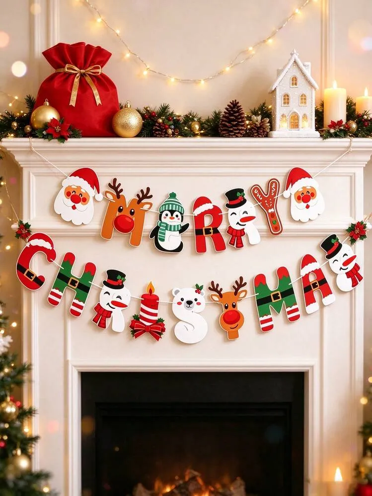 1 Set Christmas Party Decoration Paper Bunting Banner, Merry Christmas Reindeer Snowman Santa Claus Pattern Hanging Flag Garland Banner, Mexican Christmas Party Decoration, Christmas Paper Hanging .