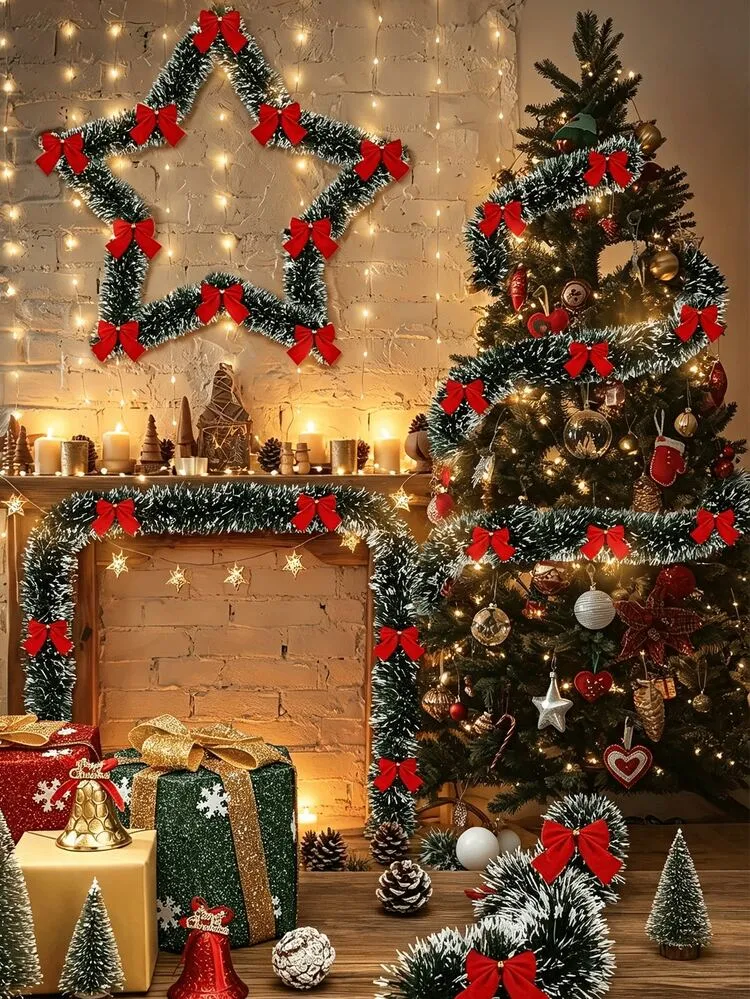 10pcs/5pcs Artificial Vertical Vine,Artificial Christmas Garland With Red Bows,Christmas Ribbon Wreath,Suitable For Christmas Tree Decoration,Home Decor,Table Centerpiece,Fireplace Decor,Outdoor Dec