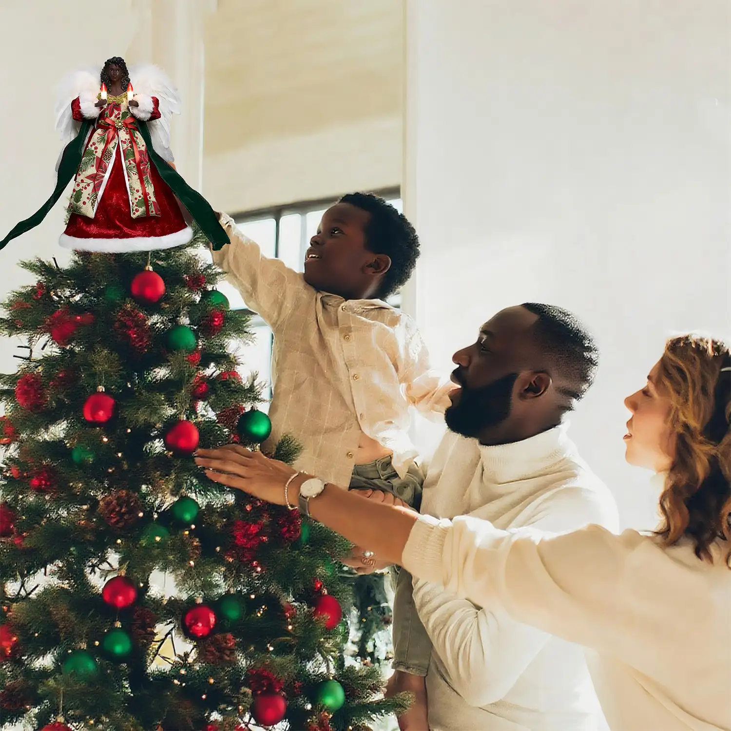 12″ Brunette Lighted African American Angel Tree Topper Holding Candles