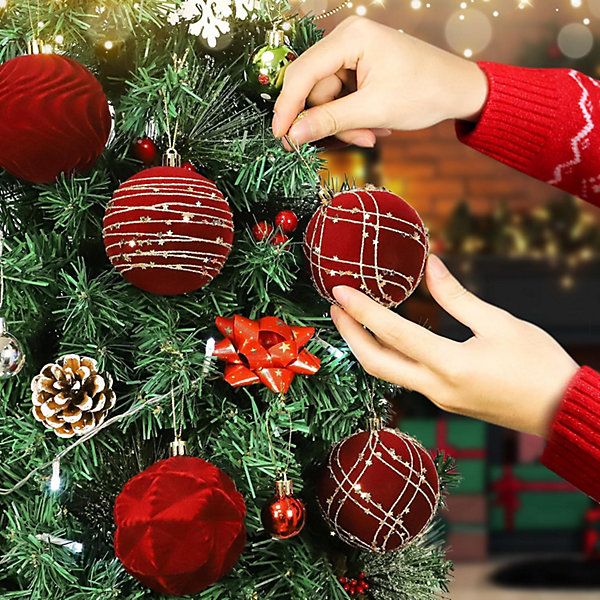 12Pcs Velvet Christmas Balls Burgundy 6cm Flocked Shatterproof Hanging Ball  Ornaments Christmas Tree Ornaments for Holiday