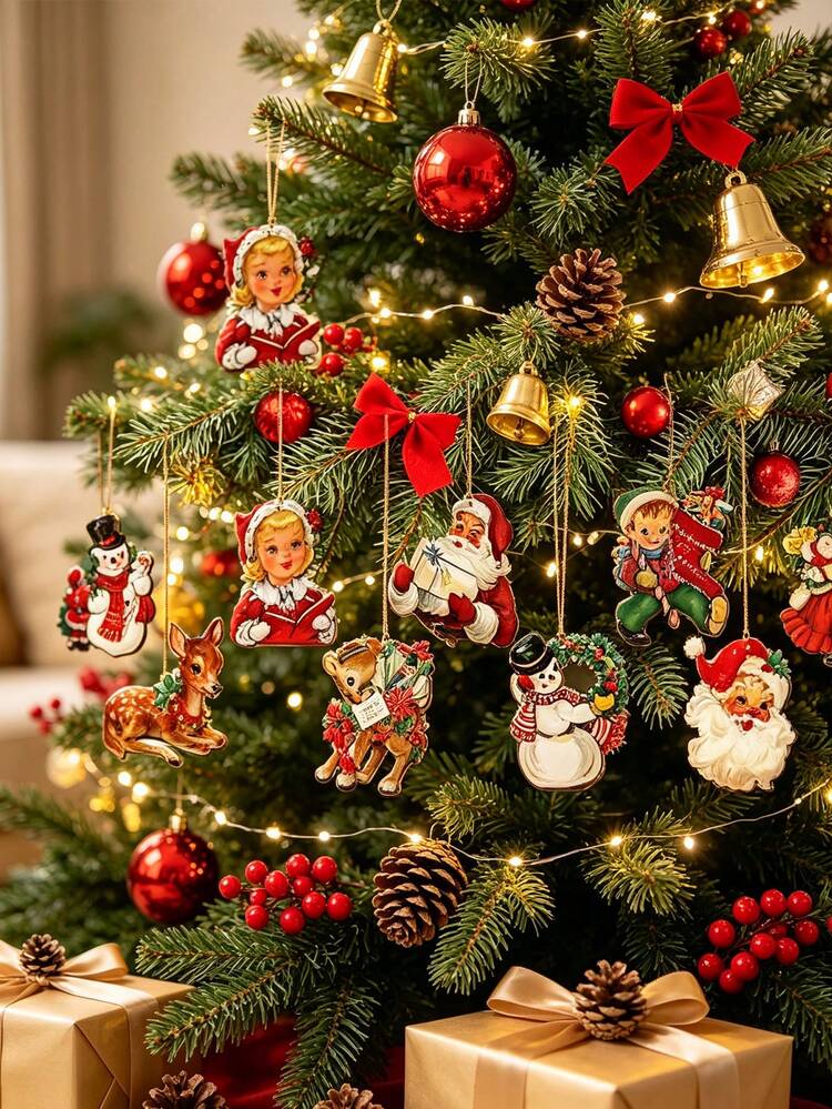 12pcs/1pc Vintage Christmas Decorations Wooden Christmas Tree Hanging Ornaments Hollow Carved Rustic Farmhouse Style Tree Decor Suitable For Home Christmas Winter Party Party Hanging Decor Christmas