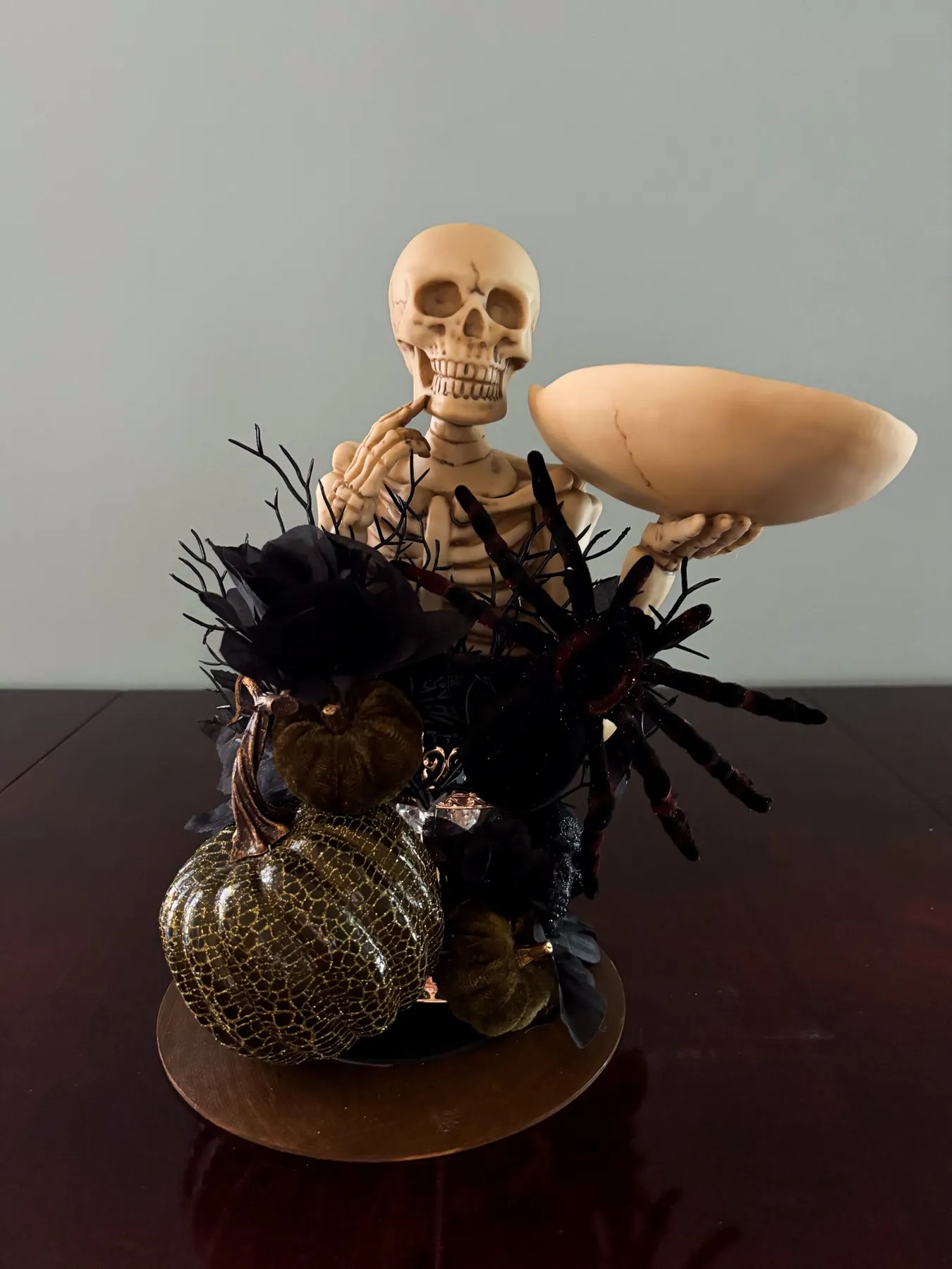 13' Halloween Skeleton Candy Dish with Black Spider & Olive Green Pumpkins - Gigi's Decor and More