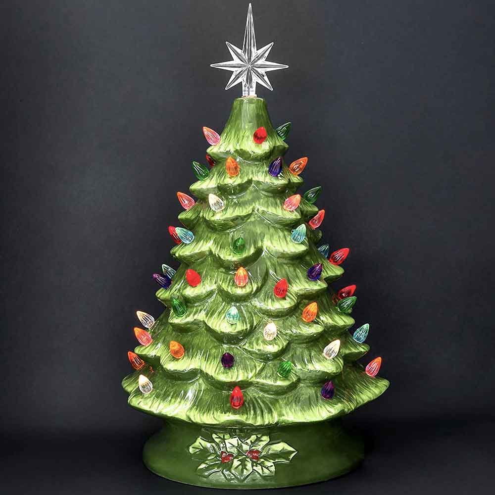 15” Lit Ceramic Hand Painted Decor Tabletop Christmas Tree With Lights