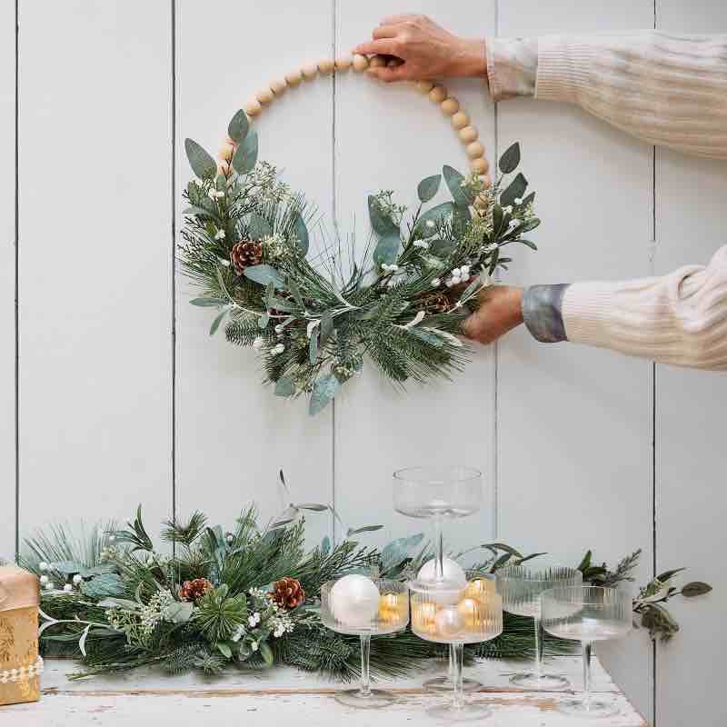 16 Modern Glitter Wreath with Wood Balls Pine & Eucalyptus