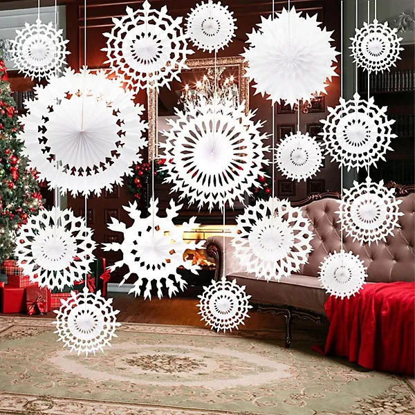16PCS White Paper Snowflakes Reusable Paper Christmas Decorations Paper Hanging Paper Fans Snowflakes Christmas Hanging Decoration