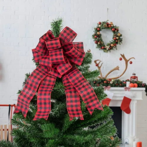 19' Buffalo Plaid Print 14 Loop Christmas Bow Tree Topper | Christmas