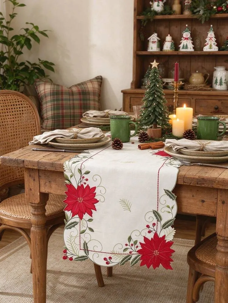1PC 100% Polyester Embroidered Poinsettia Christmas Table Runner, White  Fabric Table Runner With Red Floral Holly Berry For Xmas Tabletop Decoration  | SHEIN EUR