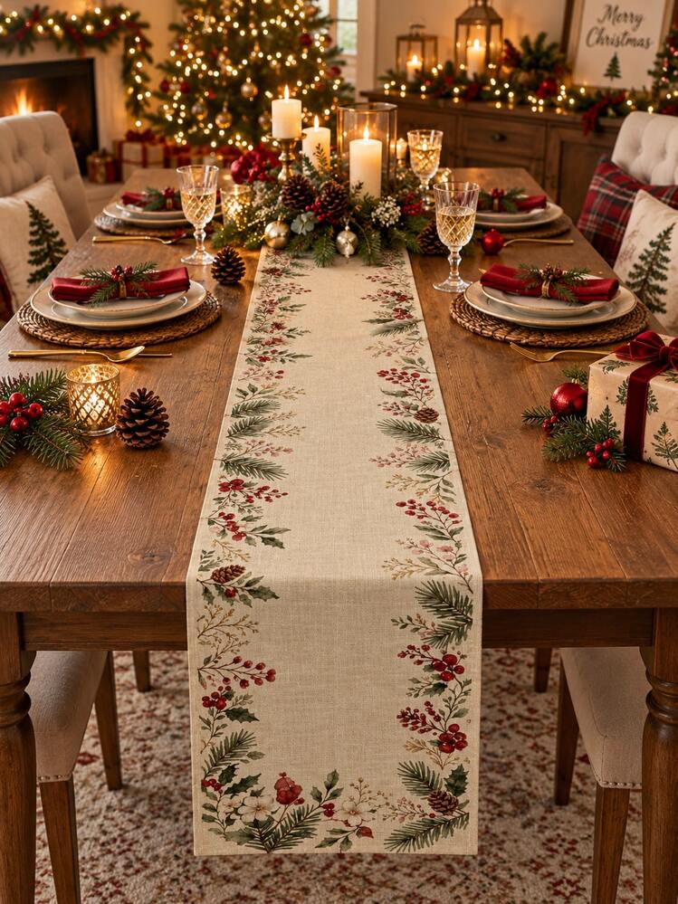 1pc Beige Botanical Christmas Table Runner, Vintage Farmhouse Linen  Rectangular Holiday Table Decor With Pine Branches, Red Berries, Holly And  Pinecones, Decorative Dining Runner For Christmas Dinne