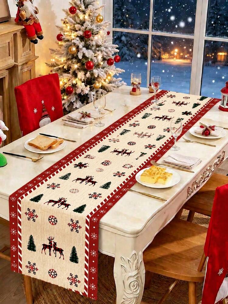 1pc Bohemian Style Christmas Table Runner, Christmas Reindeer & Christmas Tree Pattern Design Christmas Tablecloth Table Cover, Christmas Party Supplies, Christmas Table Centerpiece Decoration, Chri