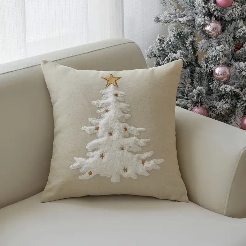 1pc, Christmas Natural Linen * Pillowcase, Christmas Tree Star Pillowcase, Single Side Applique Embroidery, 44.96*44.96cm, Suitable for Sofa, Living Room, Bedroom Home Decoration