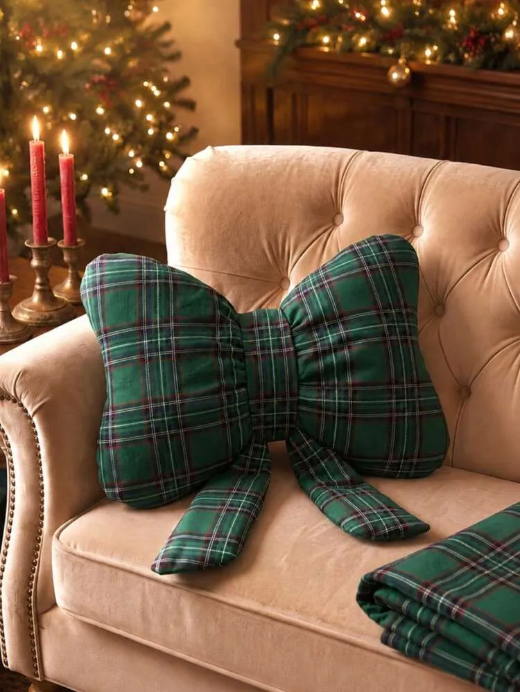 1pc Christmas Plaid Bow-Shaped Throw Pillow, Classic Holiday Stuffed Decorative Cushion, Christmas Decor Pillow For Sofa, Living Room, Bedroom Home Decor | SHEIN USA