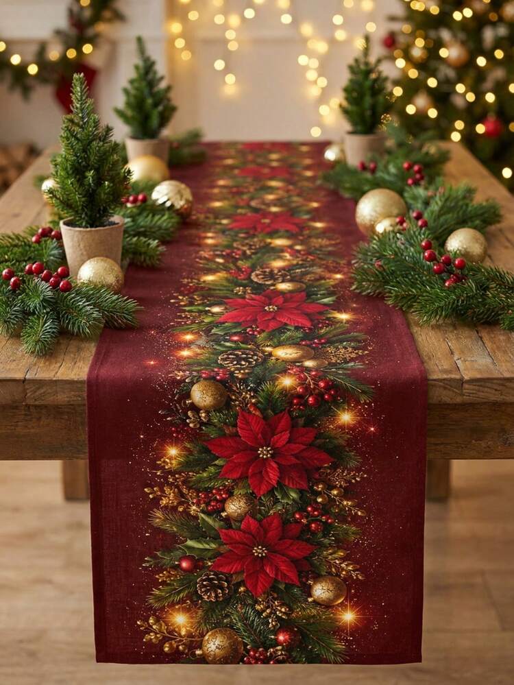 1pc Christmas Red & Gold Poinsettia Print Table Runner, Sparkling Pine Branch & Berry Dining Table Runner, Suitable For Dining Table, Desk, Living Room, Indoor Holiday Party And Christmas Decoration