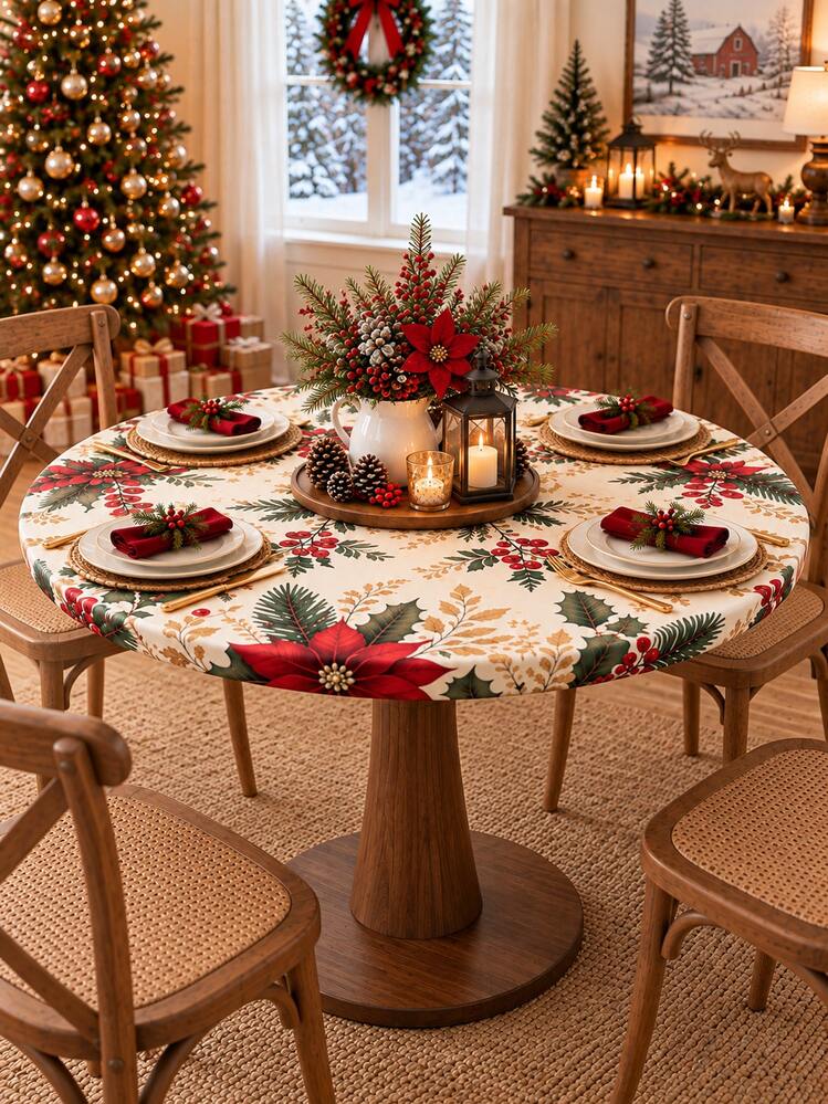 1pc Christmas Round Tablecloth, Poinsettia Holly Berry Pine Branch Print Dining  Table Cover For Kitchen Dining Room Party, Festive Holiday Table Decor,  Home Decor, Room Decor, Christmas Decorations 