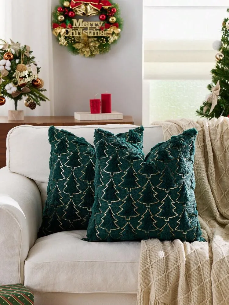 1pc Christmas Sequin Christmas Tree Decorative Throw Pillow Case, Front Embroidered Christmas Tree, Velvet Fabric Back, Square Cushion Cover, Holiday Home Pillow Decor, Soft Comfortable Velvet Mater