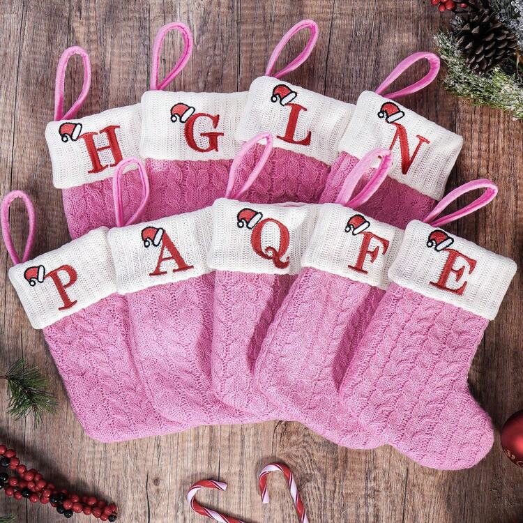 1pc Christmas Stocking - Pink Knitted Christmas Stocking Ornament With Letter And Santa Hat Design, Polyester Material,
