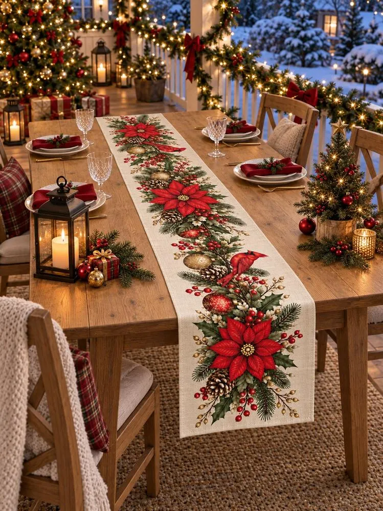 1pc Christmas Table Runner, Beige And Red Cardinal, Pine Cone And Holly  Berry Pattern, Rustic Christmas Dining Room Decor, Winter Holiday Farmhouse  Home Decoration | SHEIN EUR