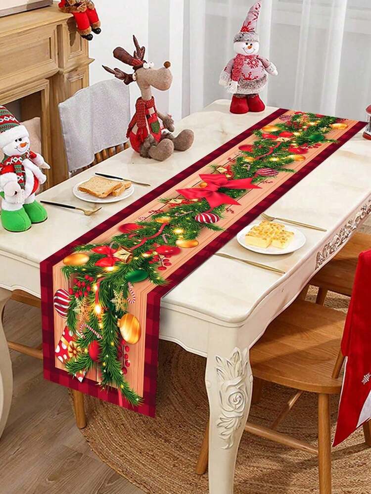 1pc Christmas Table Runner, Christmas Vine Bow Pattern Design Christmas Tablecloth, Christmas Party Supplies, Christmas Tabletop Decor, Home Decor, Christmas Kitchen Decor, Christmas Decorations, 20