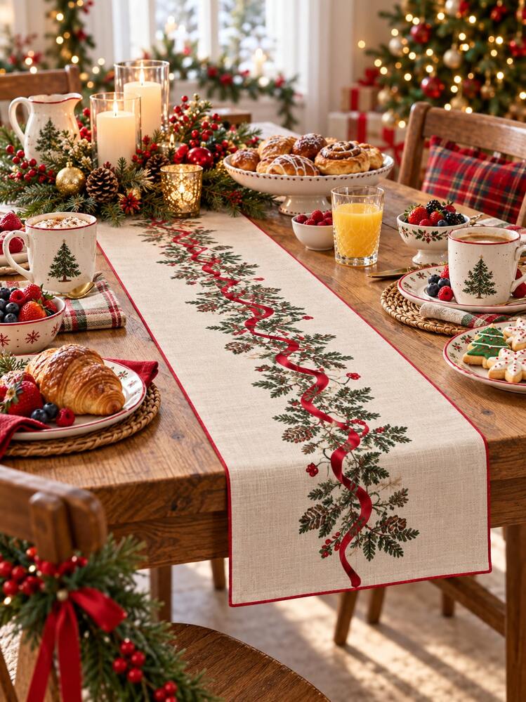 1PC Green Evergreen Garland Christmas Table Runner, Vintage Linen-Look  Fabric Rectangular Table Decor With Red Ribbon, Pinecones, Berries And  Botanical Details, Festive Dining Runner For Christmas D