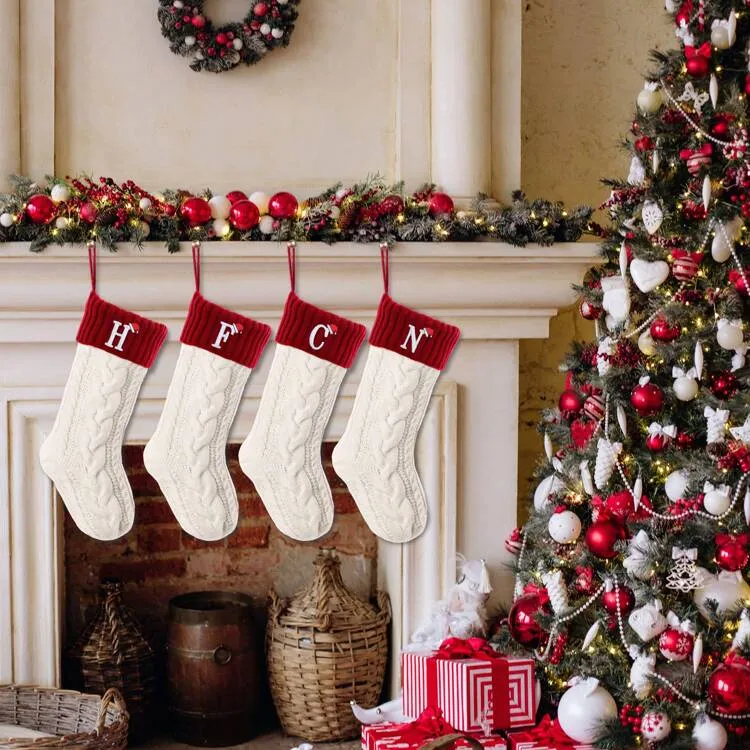 1PC Initial Stockings, 18'' Large Embroidered Monogram Knit Stocking,Holiday  And Family Stocking For Fireplace Or