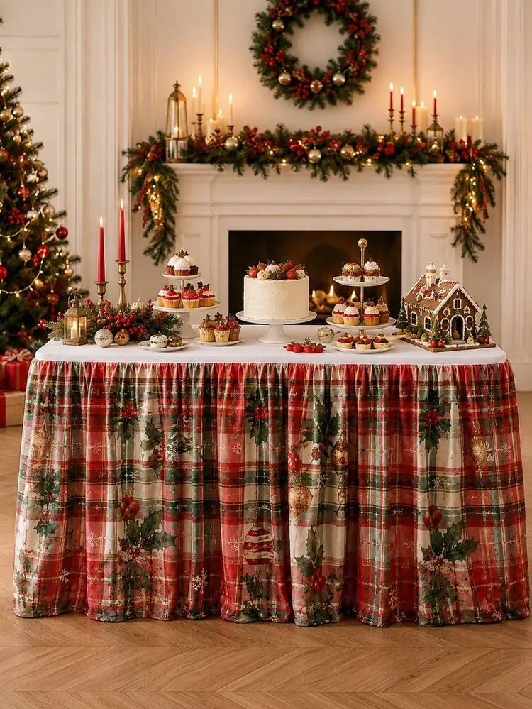 1pc Red & Green Christmas Table Skirt, Holiday Polyester Rectangular  Pleated Table Skirt, Plaid Holly Berry Decor Print, Decorative Buffet  Dessert Tablecloth, Suitable For Christmas Party, Holiday D