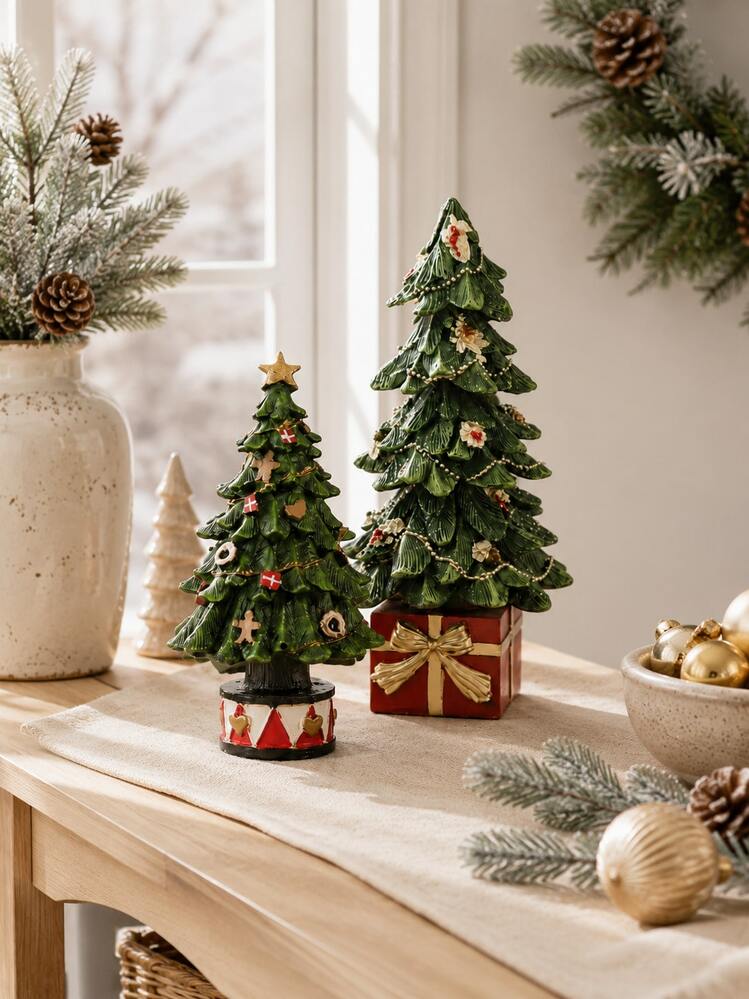 1pc Resin Christmas Tree Ornament Set, Vintage Green Desktop Decor With Star Topper, Pearl Garland, Gift Box And Drum Base, Suitable For Fireplace Mantel, Dining Table, Entryway, Christmas Home Deco