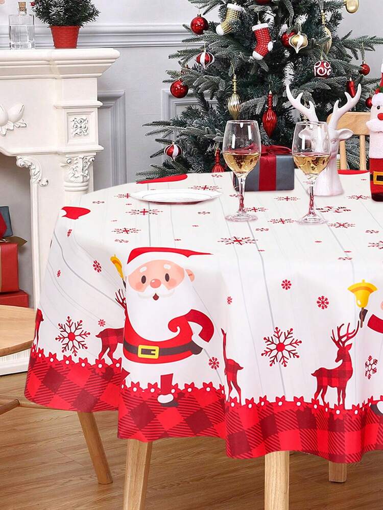 1pc Round Christmas Tablecloth, Santa Claus & Snowflake Pattern, Polyester Tablecloth/Table Runner, Winter Holiday Home Decor, 2025 Christmas New Year Party Decoration, Christmas Restaurant Dining .