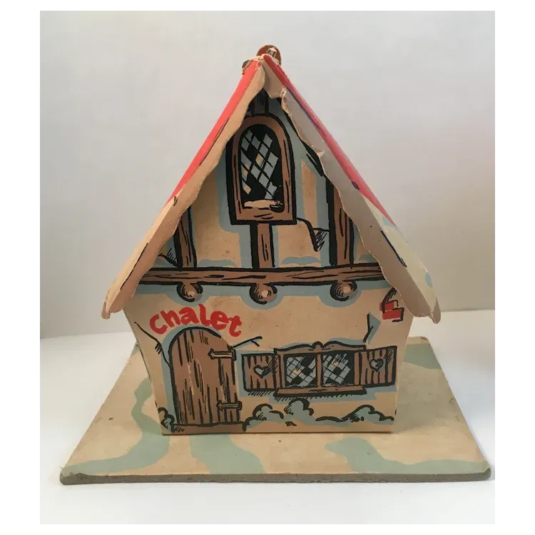 2 Christmas Village Chalet Houses Litho Paper and Cardboard Vintage . For Sale at Ruby Lane
