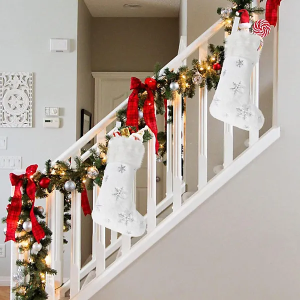 2 Pack Christmas Stocking, Large White Plush Faux Fur Xmas Stockings with  Silver Glitter Snow Flakes
