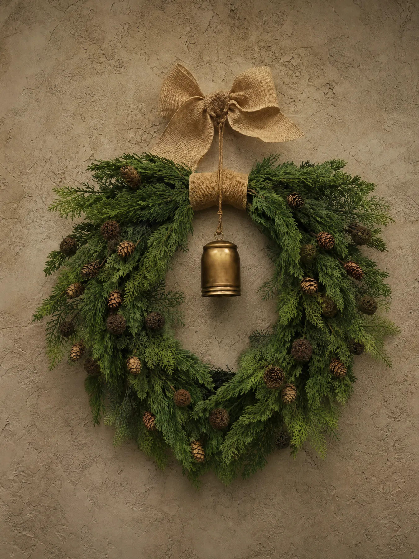 20' x 15' Evergreen Bell & Burlap Holiday Wreath | 25th and Noel – 25th and Noel | Christmas Shop, Christmas Ornaments, Christmas Decor