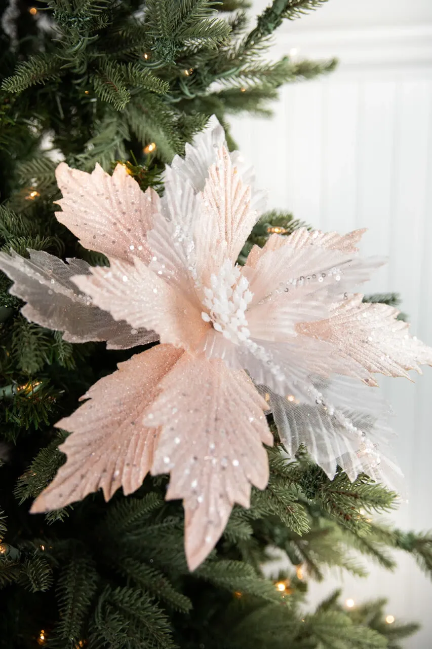 22” Sheer Glitter Pink Poinsettia Stem - Decorator's Warehouse