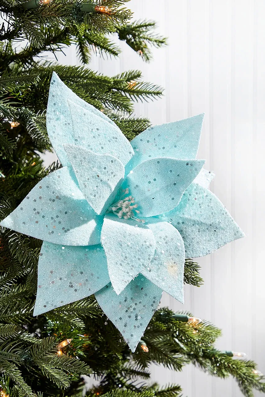 22' Teal with Sparkles Frosted Poinsettia Stem