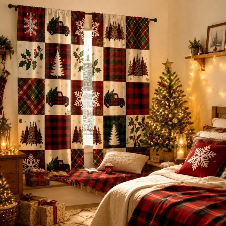 2Panels Buffalo Check Christmas Window Curtains Rod Pocket Light Filtering  Privacy Drapes Red Green Plaid Patchwork