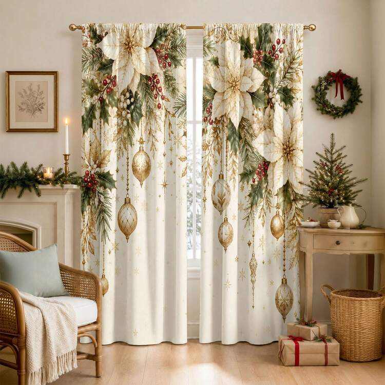 2pcs Christmas Flower, Holly Leaf, Christmas Ball, Snowflake Pattern  Digital Printed Curtains, Decorative Curtains, Polyester Fiber Lightweight  Privacy Semi-Transparent Curtains, Suitable For Bedroo