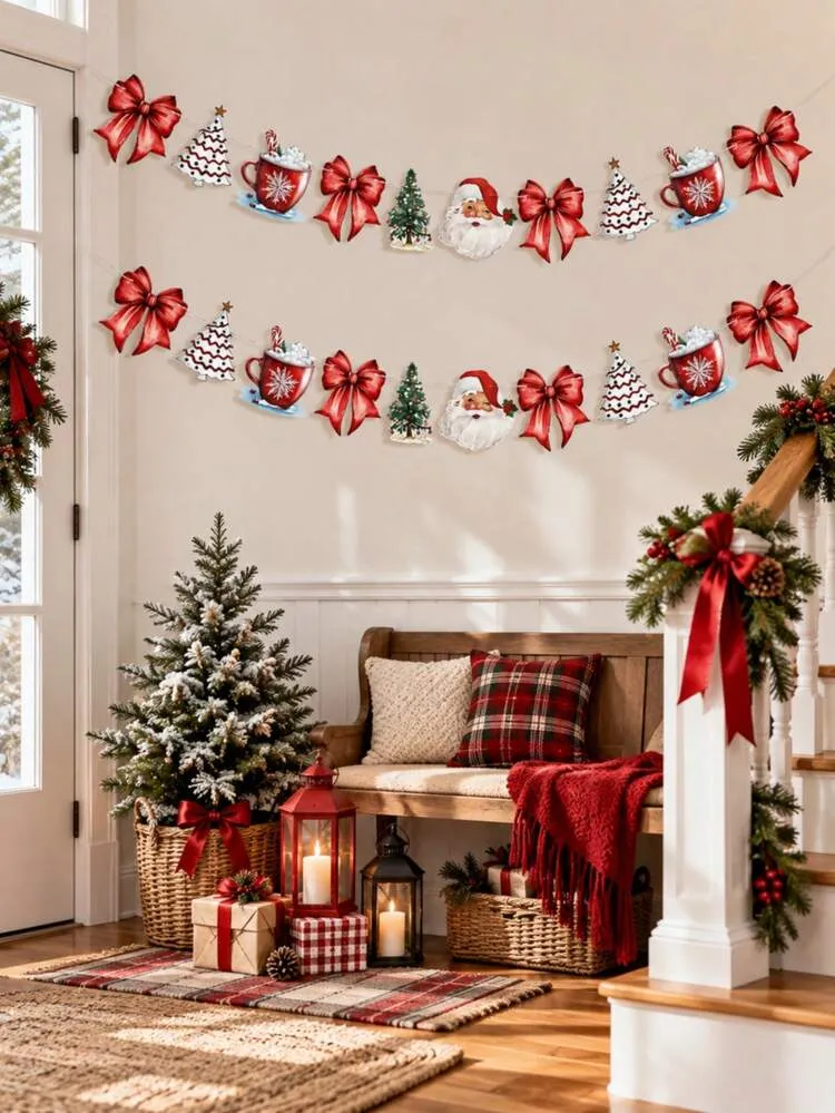 2pcs Watercolor Christmas Paper Bunting Banner, Red Bow Mug Snowflake Tree Santa Claus Hollow Out Banner, Vintage Christmas Holiday Party Supplies, Indoor Outdoor Fireplace Window Wall Hanging Backg