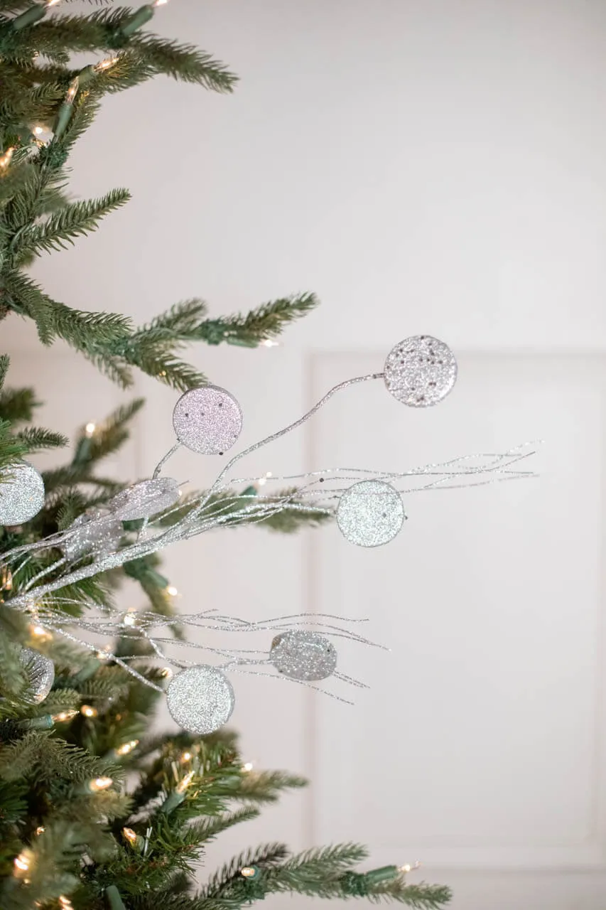 33” Glitter Silver Dollar/Twig Spray Silver