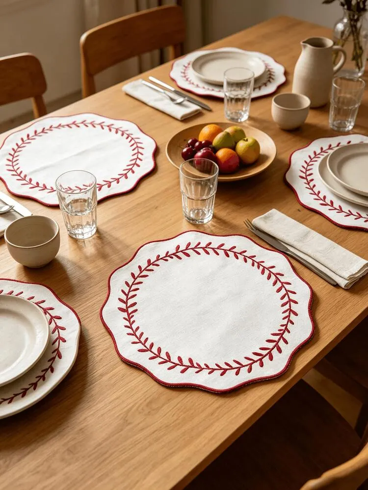 38cm Red Embroidered Leaf Placemat, Light French Style Fabric Wavy Edge  Heat-Insulating Table Mat, Home Daily, Christmas New Year Table Decoration  | SHEIN USA