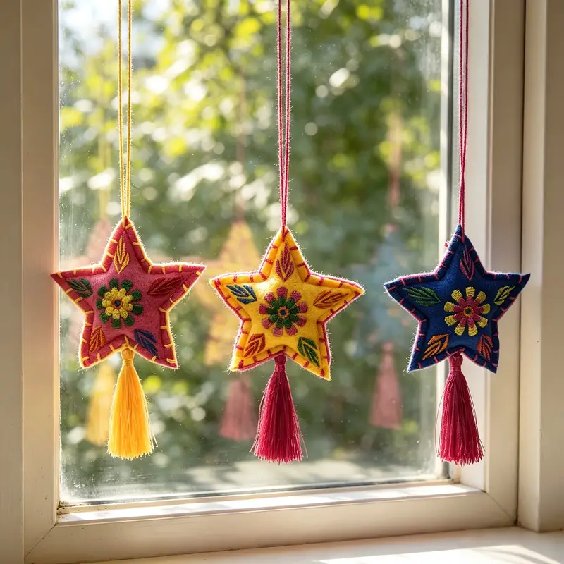 3pcs Handmade Boho Star Tassel Charm Colorful Embroidered Felt Hanging Ornament for Bags, Wall Decor & Christmas Tree