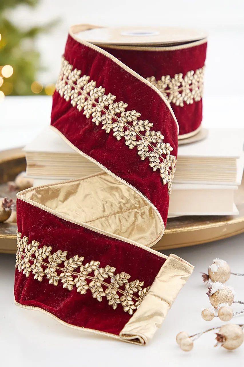 4' x 5 Yard Jeweled Center on Burgundy Velvet Ribbon - Decorator's Warehouse