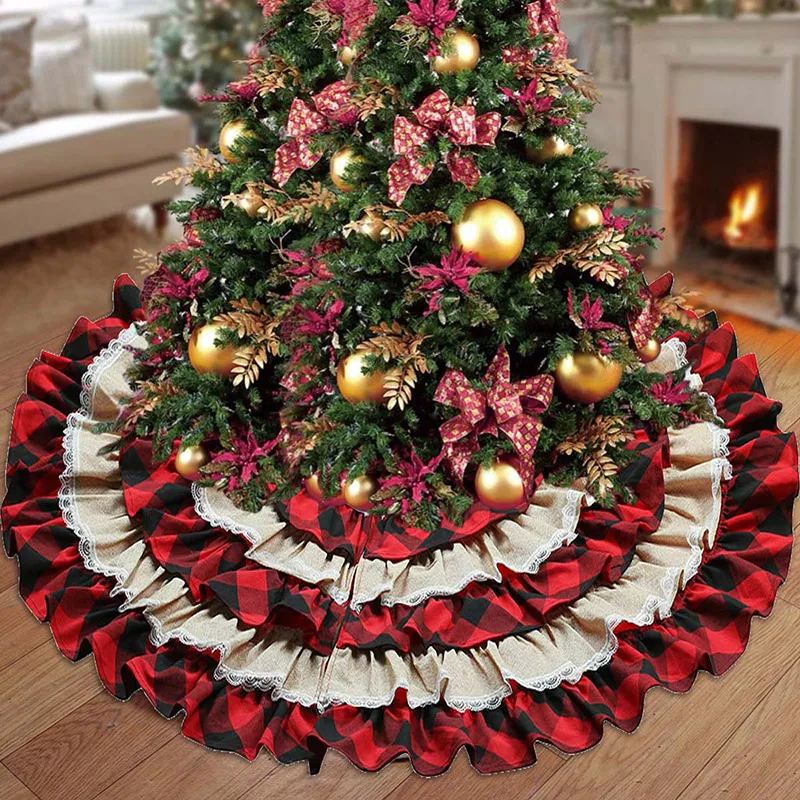 48inch Red Black Plaid Christmas Tree Skirt Ruffled Buffalo | Vintage Life