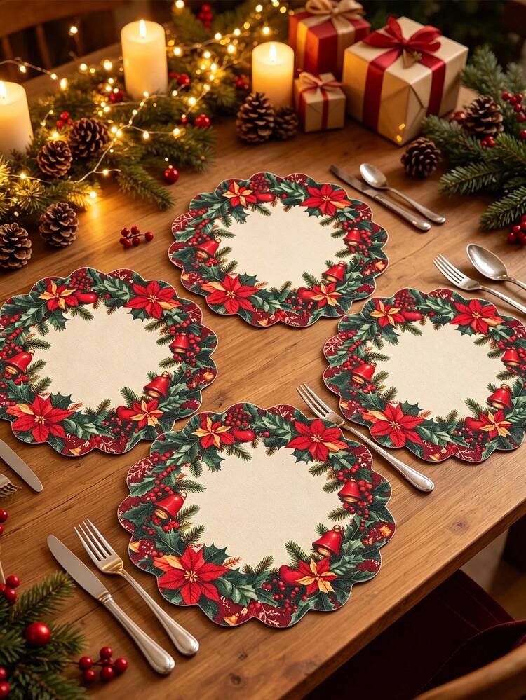 4pcs Christmas Linen Placemats, Red Floral Bell Pattern Christmas Table  Mats, Western Style Placemats, Christmas Party Decoration, Christmas Home  Decor, Christmas Decoration, Kitchen Decor, Coffee T