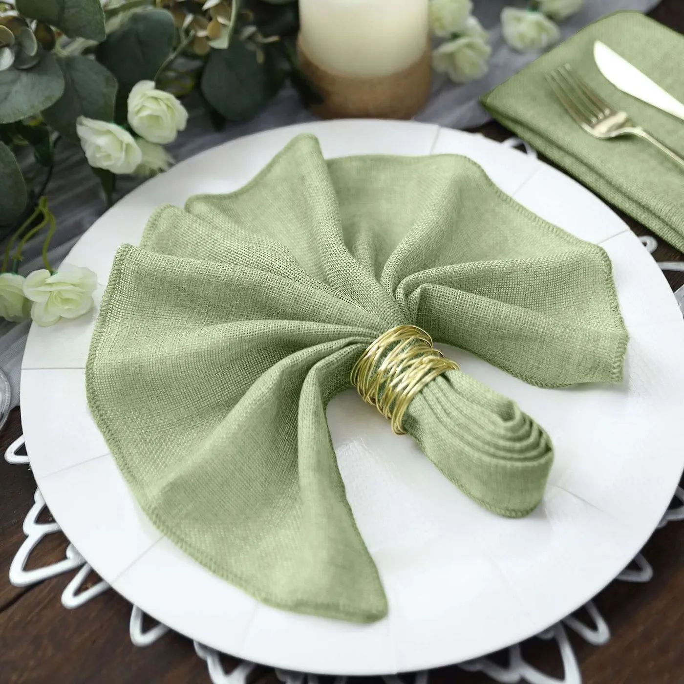 5 Pack Faux Jute Napkins 19'x19' Sage Green | Rustic Chic Burlap Dinner - Weddings, Events By eFavormart Party Shop